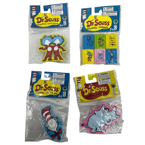 Dr Seuss collection 5 pc erasers pencil sharpeners bag Cat Hat Horton Thing 1 2 - Picture 4 of 6